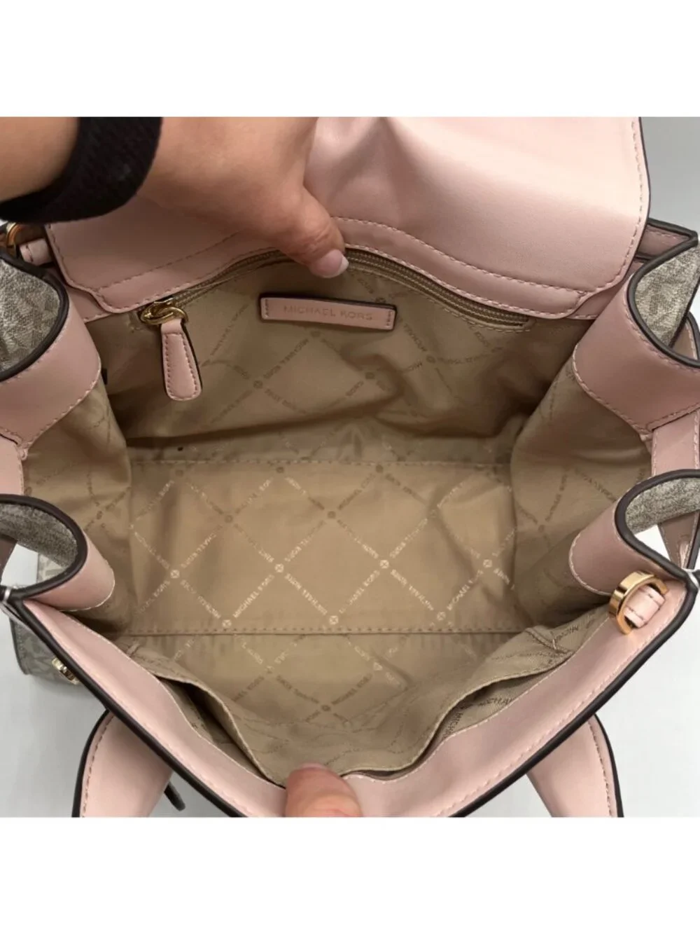 Michael Kors Carmen Vanilla/Powder Blush Signature Canvas Medium Belted Satchel